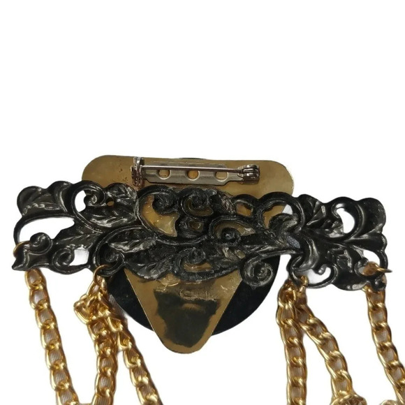 Art Deco Style Pin, Gold, Amber Resin, Chains - Picture 4 of 4